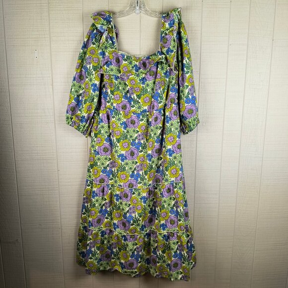Joanie Tiered Midi Dress Square Neck Retro Floral Print - Picture 1 of 6